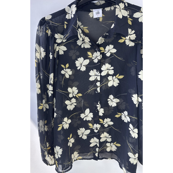 CAbi Cosmo Blouse Black Floral Chiffon Sheer Button Front Top 4159 Size Large - Picture 4 of 13